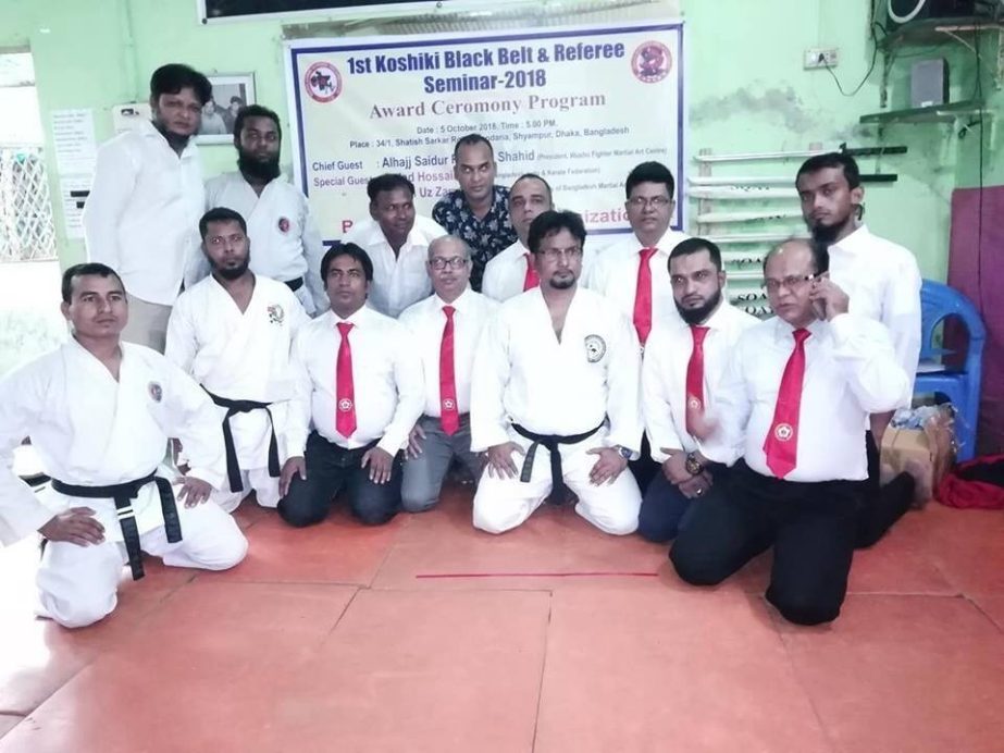 The participants of the 1st Koshiki black belt test and referees' seminar pose for a photograph at the Wushu Fighter Martial Arts Centre (WFMAC) in the city's Gendaria on Friday.