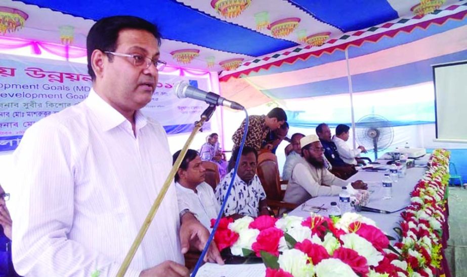 KISHOREGANJ: Subir Kishore Chowdhury, Secreraty, Planning Commission speaking at a discussion meeting on sustainable development goal implementation in holding of the National Development Fair at Stadium arranged by Kishoreganj District Administration