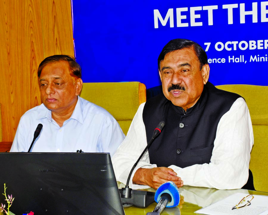 Shipping Minister Shajahan Khan speaking at a press conference on the second conference on 'South Asia Maritime and Logistics Forum-2018' in the conference hall of the ministry on Sunday.