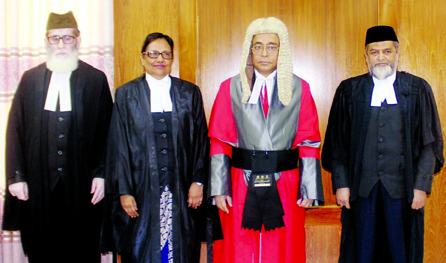 Chief Justice Syed Mahmud Hossain among the newly appointed Justice Zinat Ara, Justice Abu Bakar Siddiqui and Justice Mohammad Nuruzzaman to the Appellate Division after oath taking ceremony at the Supreme Court Judgesâ€™ Lounge on Tuesday.
