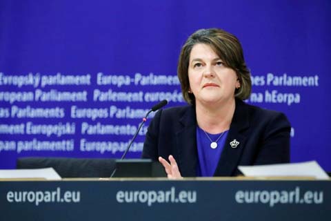 Northern Irish Democratic Unionist Party (DUP) leader Arlene Foster holds a news conference at the European Parliament after a meeting with EUÃ•s Brexit negotiator Michel Barnier in Brussels on Tuesday.