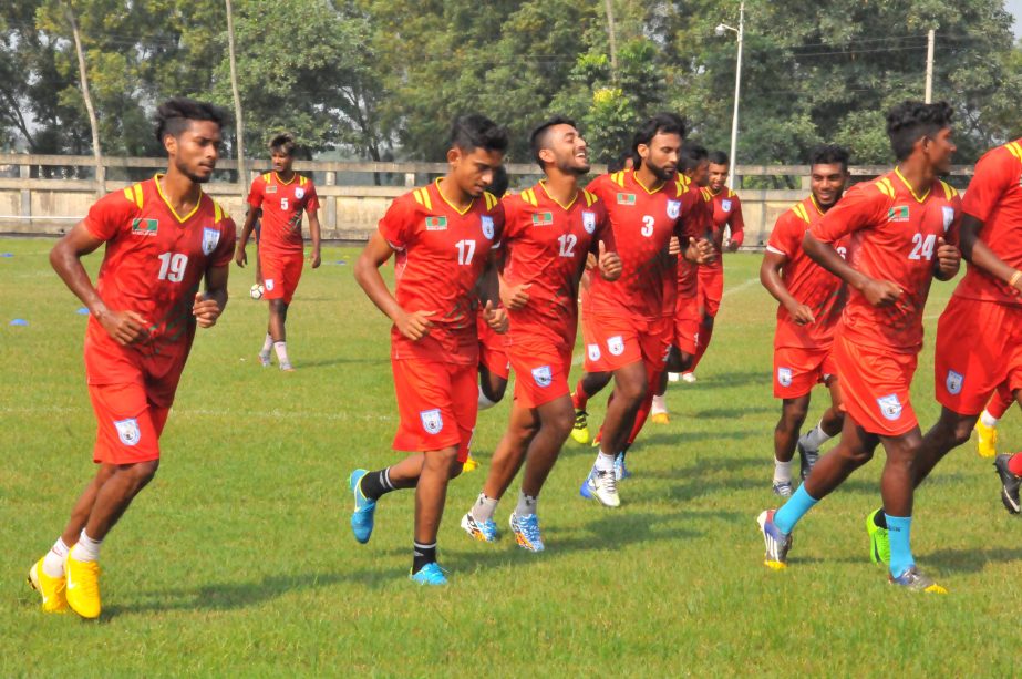 Players of Bangladesh National Football team during their practice session at BGB Ground in Cox's Bazar on Tuesday.