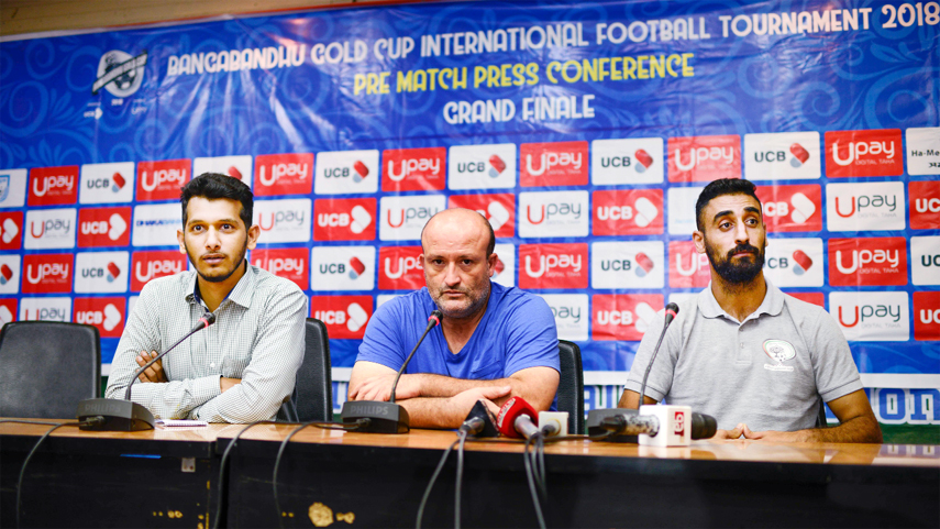 Head coach of Palestine Noureddine Ould Ali (centre) speaking at a press conference at the conference room in the Bangladesh Football Federation House on Thursday.