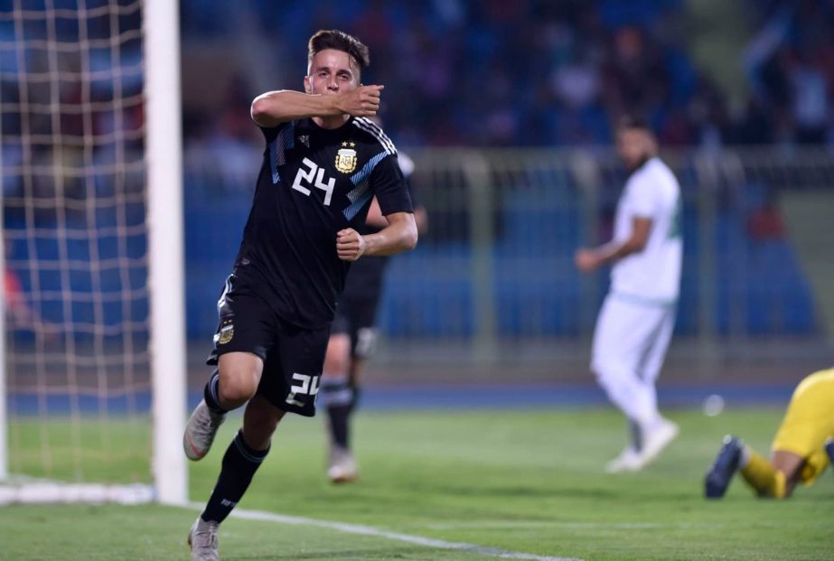 Argentina's Franco Cervi celebrates scoring his side's fourth goal during a friendly soccer match between Argentina and Iraq at Prince Faisal bin Fahd stadium in Riyadh, Saudi Arabia on Thursday.