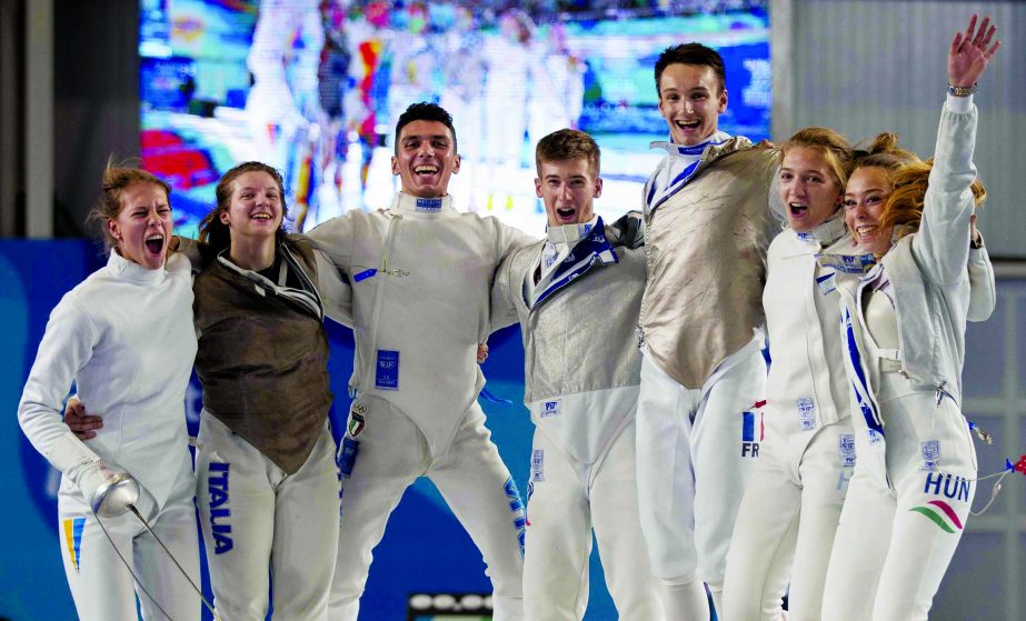 Team Europe 1 fencers celebrate their gold medal win in the Mixed Continental Team Gold Medal Match in the Africa Pavilion, at the Youth Olympic Summer Games in Buenos Aires, Argentina on Wednesday.