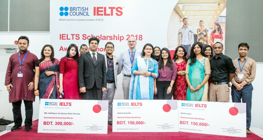 Winners of the British Council IELTS Scholarships 2018 Award at a photo pose at a ceremony at British Council Dhaka University campus office on Wednesday.