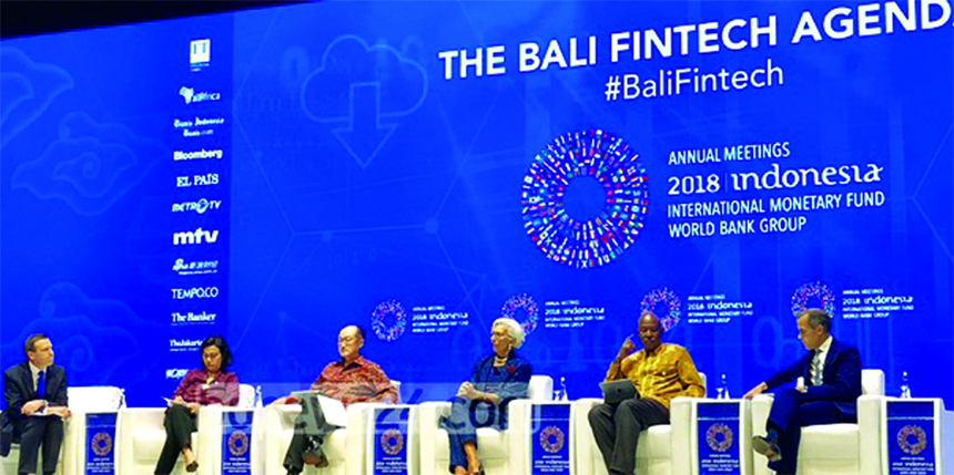 IMF Managing Director Christine Lagarde (CF), Central Bank governors and Finance Ministers discussing at the International Monetary Fund - World Bank Group Annual Meeting 2018 in Nusa Dua, Bali in Indonesia on Saturday.