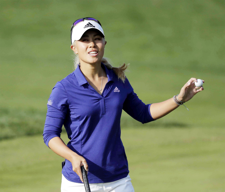 Danielle Kang of the United States reacts on the 18th hole after finishing the third round of the LPGA KEB Hana Bank Championship at Sky72 Golf Club in Incheon, South Korea on Saturday.