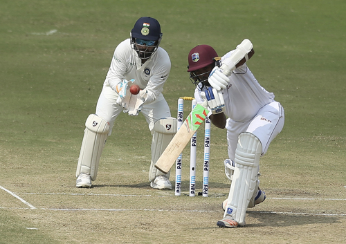 West Indies' Sunil Ambris bats during the third day of the second cricket Test match between India and West Indies in Hyderabad, India on Sunday.