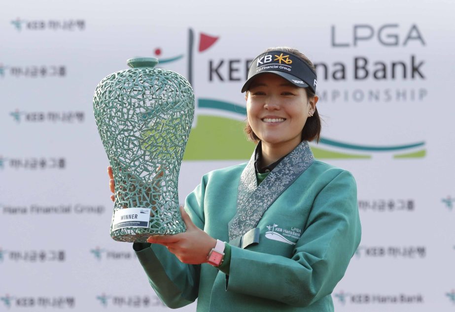 In Gee Chun of South Korea poses with her trophy after winning the LPGA KEB Hana Bank Championship at Sky72 Golf Club in Incheon, South Korea on Sunday.