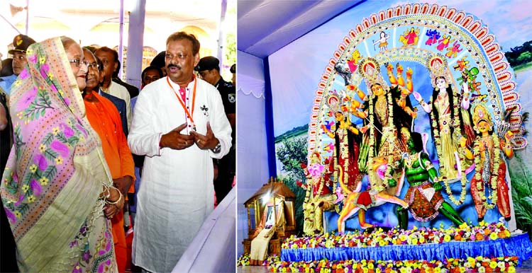 Prime Minister Sheikh Hasina visited the Puja Mandap at the Ramkrishna Mission in the city on Monday evening.