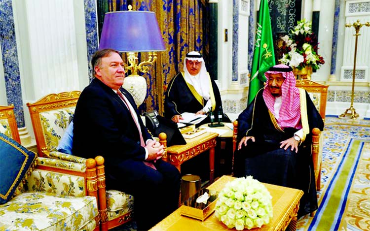 Saudi Arabia's King Salman bin Abdulaziz Al Saud meets with U.S. Secretary of State Mike Pompeo in Riyadh on Tuesday.