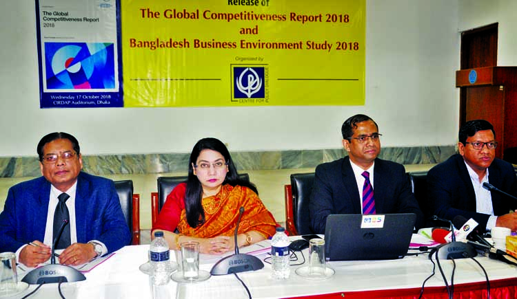 Dr. Fahmida Khatun, Executive Director of Centre for Policy Dialogue among other distinguished fellow speaking at the programme 'Global Competitiveness Index 2018' released by WEF meet at CIRDAP auditorium in the city on Wednesday.