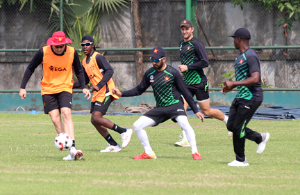 Players of Zimbabwe Cricket team playing football as part of their practice at National Cricket Academy Ground in the city's Mirpur on Wednesday.