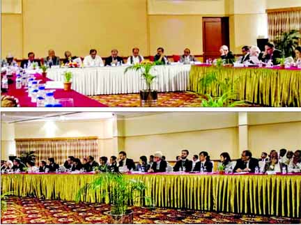 Dr. Kamal Hossain, Convener of Jatiya Oikya Front and other leaders briefing the foreign diplomats (bottom) at a meeting held at Lakeshore Hotel in Gulshan on Thursday.