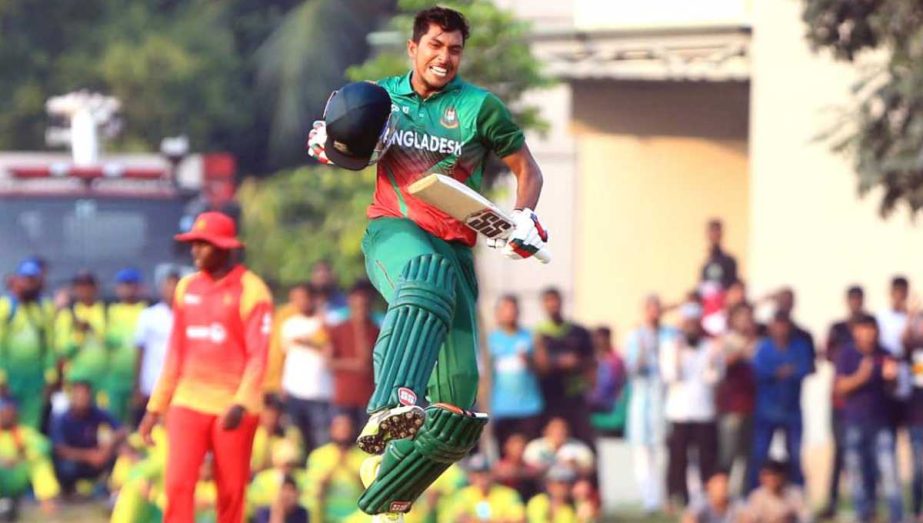 Soumya Sarkar of BCB XI celebrates after hitting ton against Zimbabwe in the one-day practice match at the BKSP Ground in Savar on Friday.