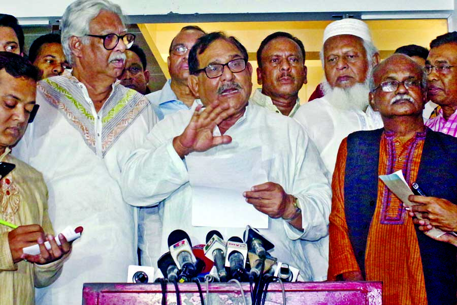 Jatiya Oikya Front leader Mostafa Mohsin Montu briefing the media after a meeting over holding of Sylhet rally at Nagorik Oikya leader Mobarak Hossain's residence in city on Friday.