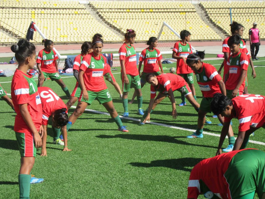 Members of Bangladesh Under-19 National Women's Football team during their practice session at the Artificial Training Ground of Dushanbe Stadium in Tajikistan on Sunday. Bangladesh Women will take part in the upcoming AFC Under-19 Qualifiers.