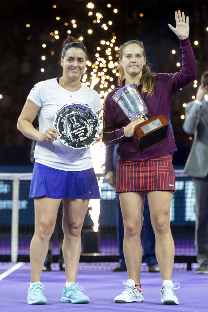 Winner Daria Kasatkina of Russia (right) and second placed Ons Jabeur of Tunisia pose with their trophies after the final match of the Kremlin Cup tennis tournament in Moscow, Russia on Saturday.