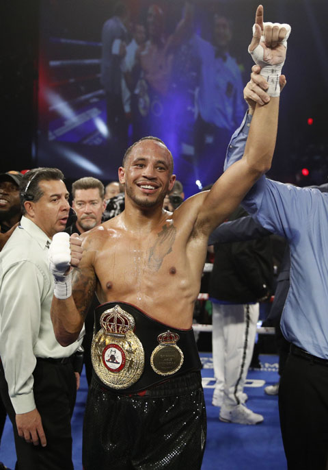 Rob Brant celebrates after defeating Ryota Murata of Japan, during a middleweight title bout in Las Vegas on Saturday.