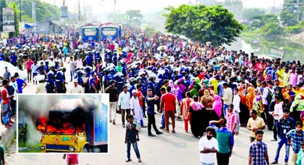 Agitated workers of Saad Fashion Garments blocked the main road adjacent to Adamjee EPZ in Siddhirganj in N'ganj and torched a covered van (inset) demanding arrears and bonus on Monday.