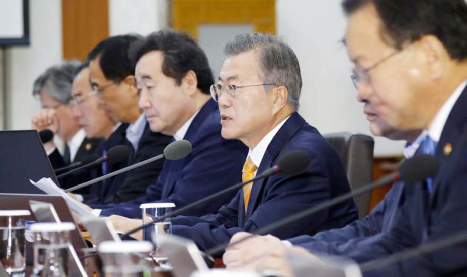 South Korean President Moon Jae-in, second from right, speaks during a cabinet meeting at the presidential Blue House in Seoul, South Korea on Tuesday.