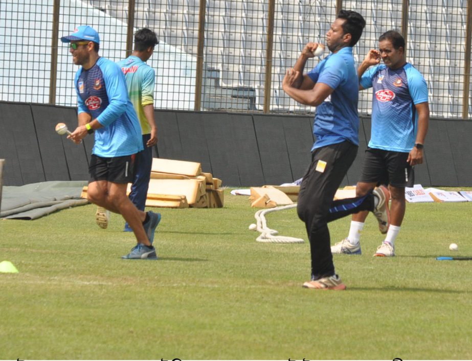 Members of Bangladesh Cricket team during their practice session at the Zahur Ahmed Chowdhury Stadium in Chattogram on Tuesday.
