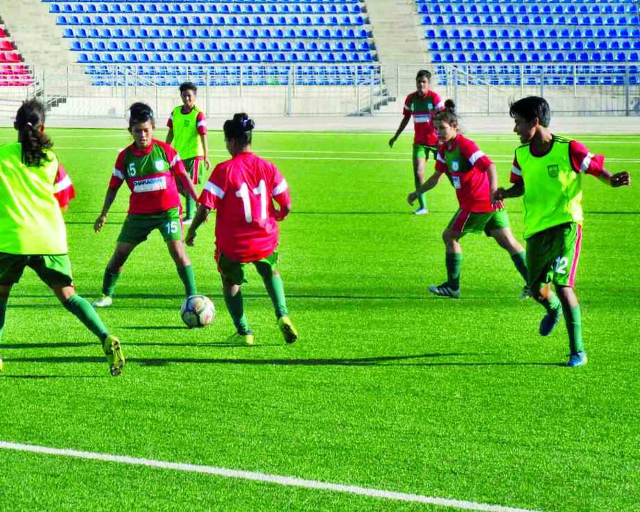 Players of Bangladesh Under-19 National Women's Football team taking part at the practice at Dushanbe in Tajikistan on Tuesday.