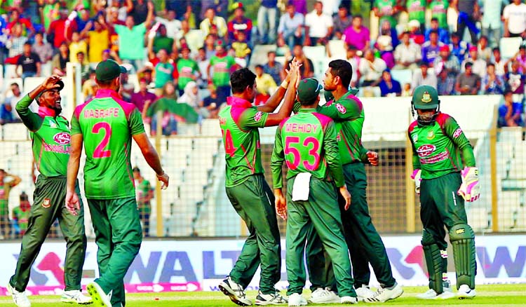 Players of Bangladesh celebrate after dismissal of Brendan Taylor of Zimbabwe during the second ODI match between Bangladesh and Zimbabwe at Zahur Ahmed Chowdhury Stadium in Chattogram on Wednesday. Zimbabwe scored 246 for the loss of seven wickets in 50