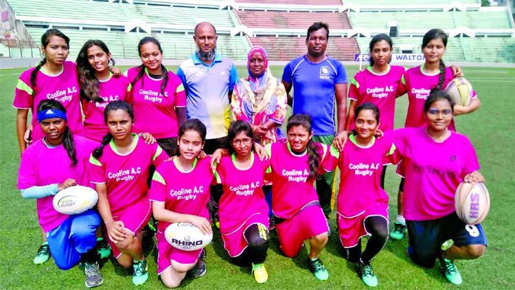 Members of Bangladesh Under-18 Women's Rugby team pose for a photo session at the Bir Shreshtha Shaheed Sepoy Mohammad Mostafa Kamal Stadium in the city's Kamalapur on Wednesday before leaving for Bhubaneswar of India to take part in the Asia Under-18 W