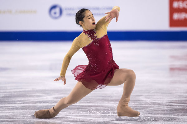 Mako Yamashita of Japan, performs her women's short program in competition at Skate Canada International in Laval, Quebec on Friday.