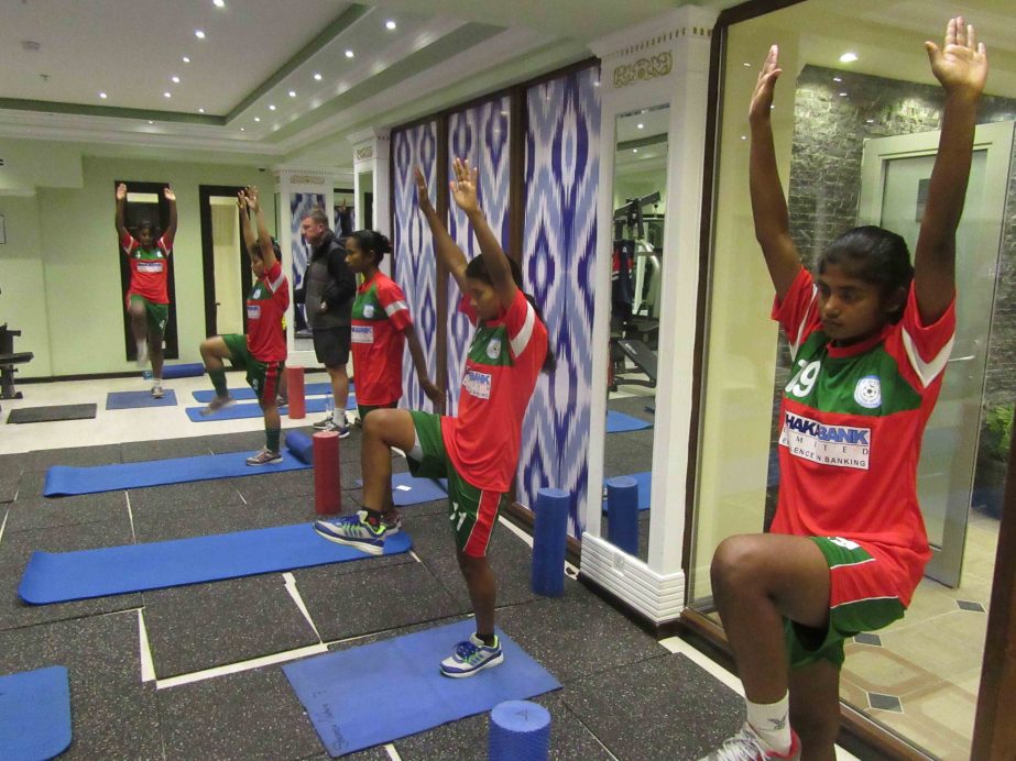 Members of Bangladesh Under-19 National Women's team taking part at their practice at the Gymnasium in Dushanbe, the capital city of Tajikistan on Saturday.
