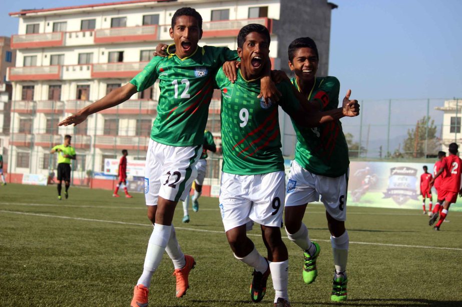 Players of Bangladesh Under-15 Football team celebrating after scoring a goal against Maldives Under-15 Football team in their Group-A match of the SAFF Under-15 Championship at Kathmandu, the capital city of Nepal on Saturday.