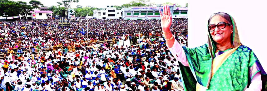 Prime Minister Sheikh Hasina addressing a public rally at Taltoli Upazila Govt High School ground in Barguna on Saturday.