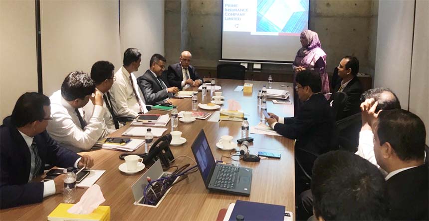Mohammodi Khanam, CEO of Prime Insurance Company Limited, addressing an `Insurance Awareness Program' arranged by the Company at Eastern Bank's premises recently. Ahmed Shaheen Deputy Managing Director of the Bank, Sujit Kumar Bhowmik, AMD, Prime Insur