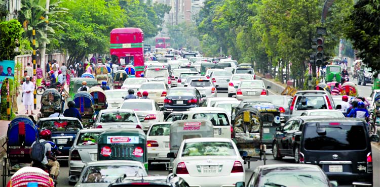 City experiences huge private cars including rickshaws in absence of buses and trucks as 48-hour transport strike continues, causing untold sufferings to commuters. This photo was taken from Shyamoli, Mirpur Road on first day of strike on Sunday.