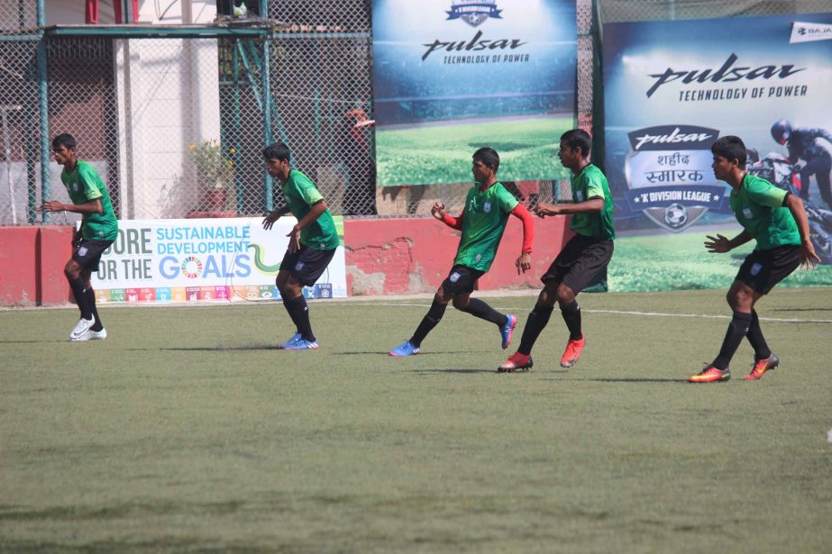 Players of Bangladesh Under-15 Football team during their practice match at Kathmandu, the capital city of Nepal on Wednesday.