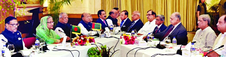 AL-JOF DIALOGUE: Prime Minister Sheikh Hasina holding talks with Jatiya Oikyafront leaders at Ganobhaban over upcoming national election on Thursday. BSS photo