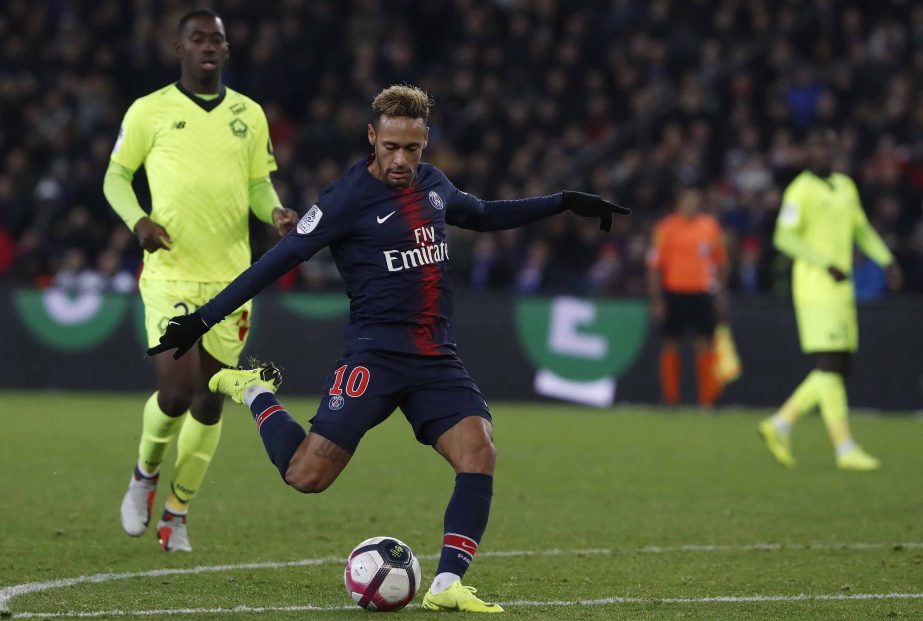 PSG's Neymar shots to score his sideâ€™s second goal during the League One soccer match between Paris Saint-Germain and Lille at the Parc des Princes stadium in Paris on Friday.