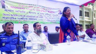 MANIKGANJ: Sabrina Sharmin, newly- appointed UNO of Daulatpur Upazila speaking at a discussion meeting and cultural programme organised by Daulatpur Upazila Administration recently.