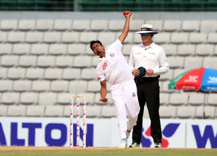 Taijul Islam of Bangladesh in action during the second day of the first Test between Bangladesh and Zimbabwe at Sylhet International Cricket Stadium in Sylhet on Sunday. Taijul captured six wickets for 108 runs.