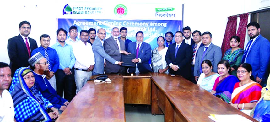 Professor Dr. Md. Abul Hossain, Principal of Government Shaheed Suhrawardi College and Md. Mustafa Khair, DMD of First Security Islami Bank Limited, exchanging an agreement signing document at the Bank's head office in the city on Monday. Under the deal,