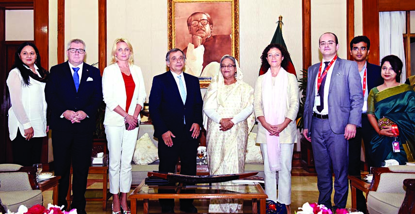 Prime Minister Sheikh Hasina seen standing with European Parliament delegation while they met her at Gonobhaban on Monday. BSS photo