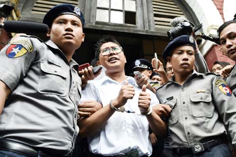 Myanmar journalists Wa Lone Â© and Kyaw Soe Oo received seven year jail terms linked to their reporting on the Rohingya crisis.