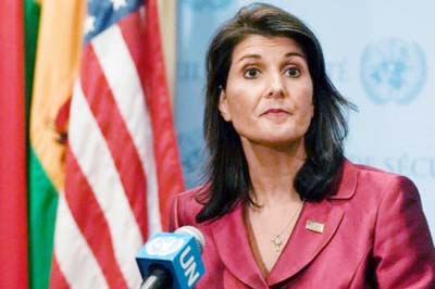US Ambassador to the United Nations Nikki Haley speaks during a news conference at UN headquarters in Manhattan, New York.
