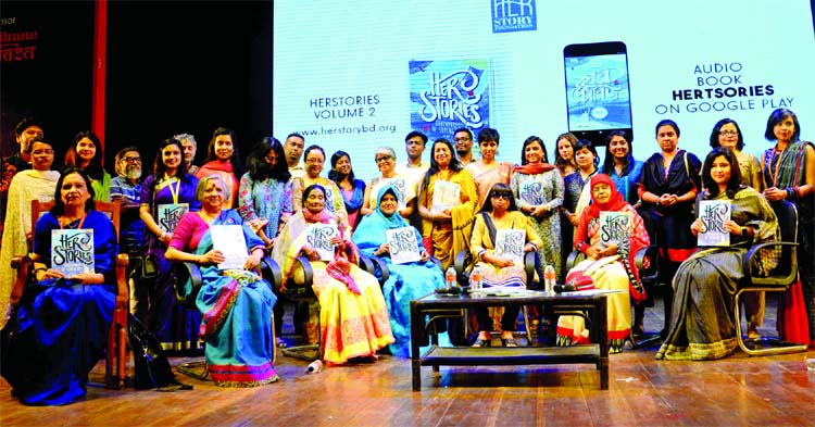 Launching ceremony of Audio Book Her Stories Vol.2 on Google Play unveiled at Dhaka Lit Fest at Bangla Academy on Friday. Chairman and Executive Director of Her Stories Foundation Zareen Mahmud Hosein, Eng. Khaleda Shariar Kabir, Nomita Halder, Dr. Sayeb