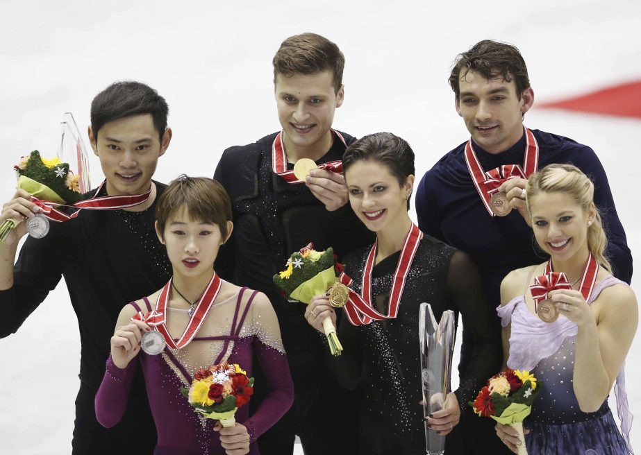 From left : Silver medalists Peng Cheng and Jin Yang of China, gold medallists Natalia Zabiiako and Alexander Enbert of Russia and bronze medalists Alexa Scimeca Knierim and Chris Knierim of the United States pose for photo during an awarding ceremony of