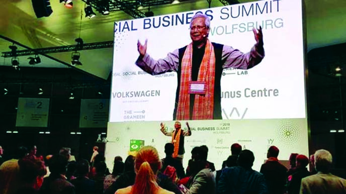 Professor Dr. Muhammad Yunus speaking at the 9th Global Social Business Summit at Autostadt in Germany.