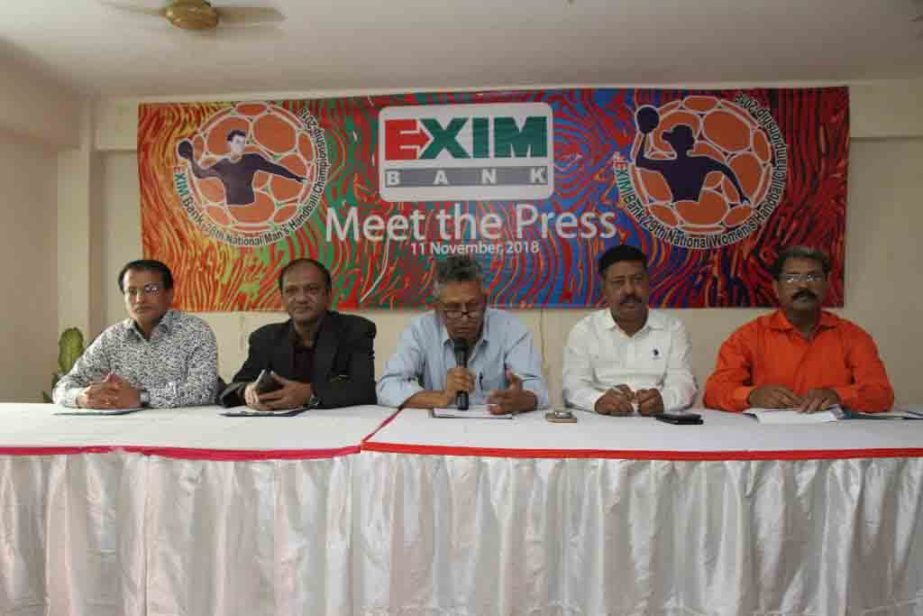 General Secretary of Bangladesh Handball Federation Asaduzzaman Kohinoor speaking at a press conference at the conference room in Shaheed Captain M Mansur Ali National Handball Stadium on Sunday.