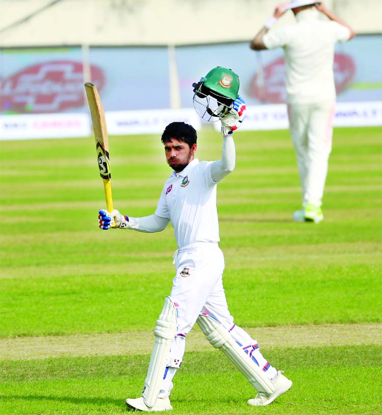Maminul Haque celebrating after hitting a century against Zimbabwe on the first day of the second Test between Bangladesh and Zimbabwe at the Sher-e-Bangla National Cricket Stadium in the city's Mirpur on Sunday.
